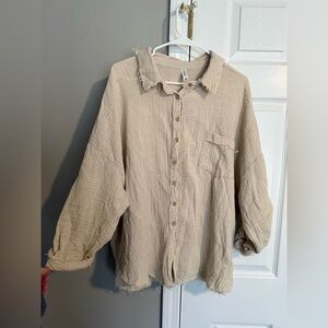 Zenana Outfitters Tan Frayed Button-Up Shirt